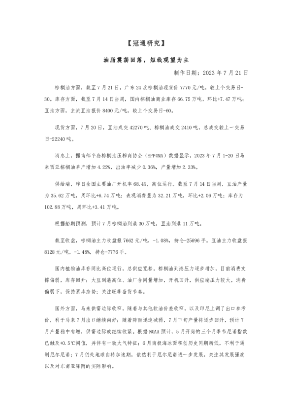 油脂震荡回落，短线观望为主