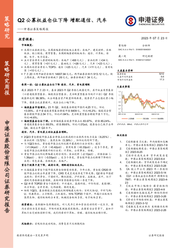 策略周报：Q2公募权益仓位下降，增配通信、汽车