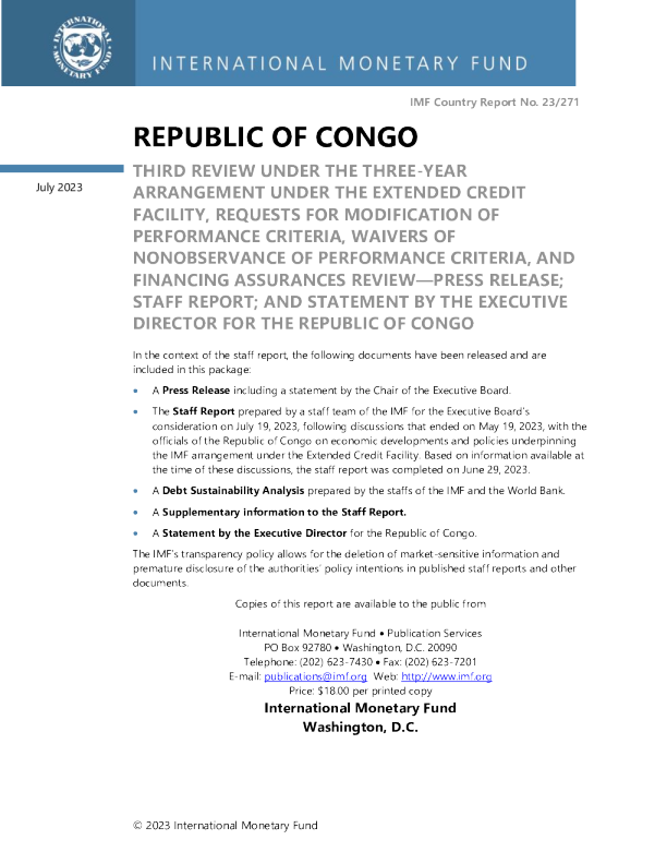 刚果共和国 ： 根据扩展信贷机制下的三年期安排进行的第三次审查 ， 修改和放弃不遵守绩效标准的请求 ， 以及融资保证审查 - 新闻稿 ； 工作人员报告 ； 和刚果共和国执行主任的声明