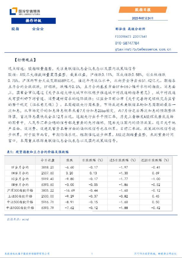 安信期货股指日报