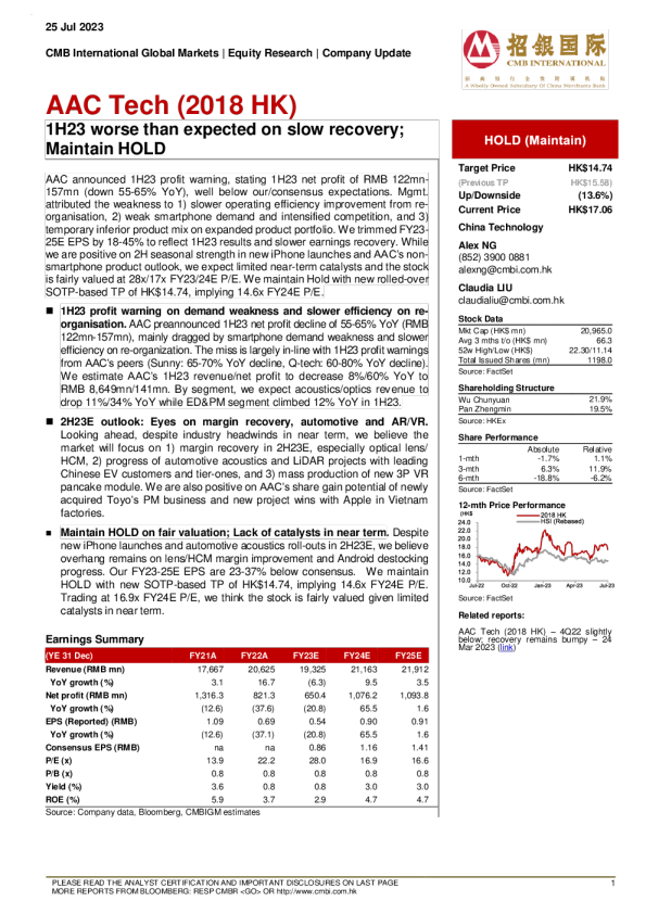 - 1H23 因复苏缓慢而比预期差 ； 维持持有