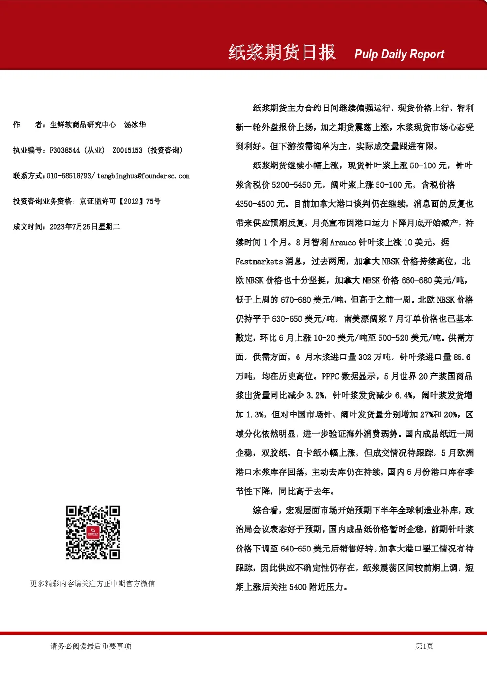纸浆期货日报