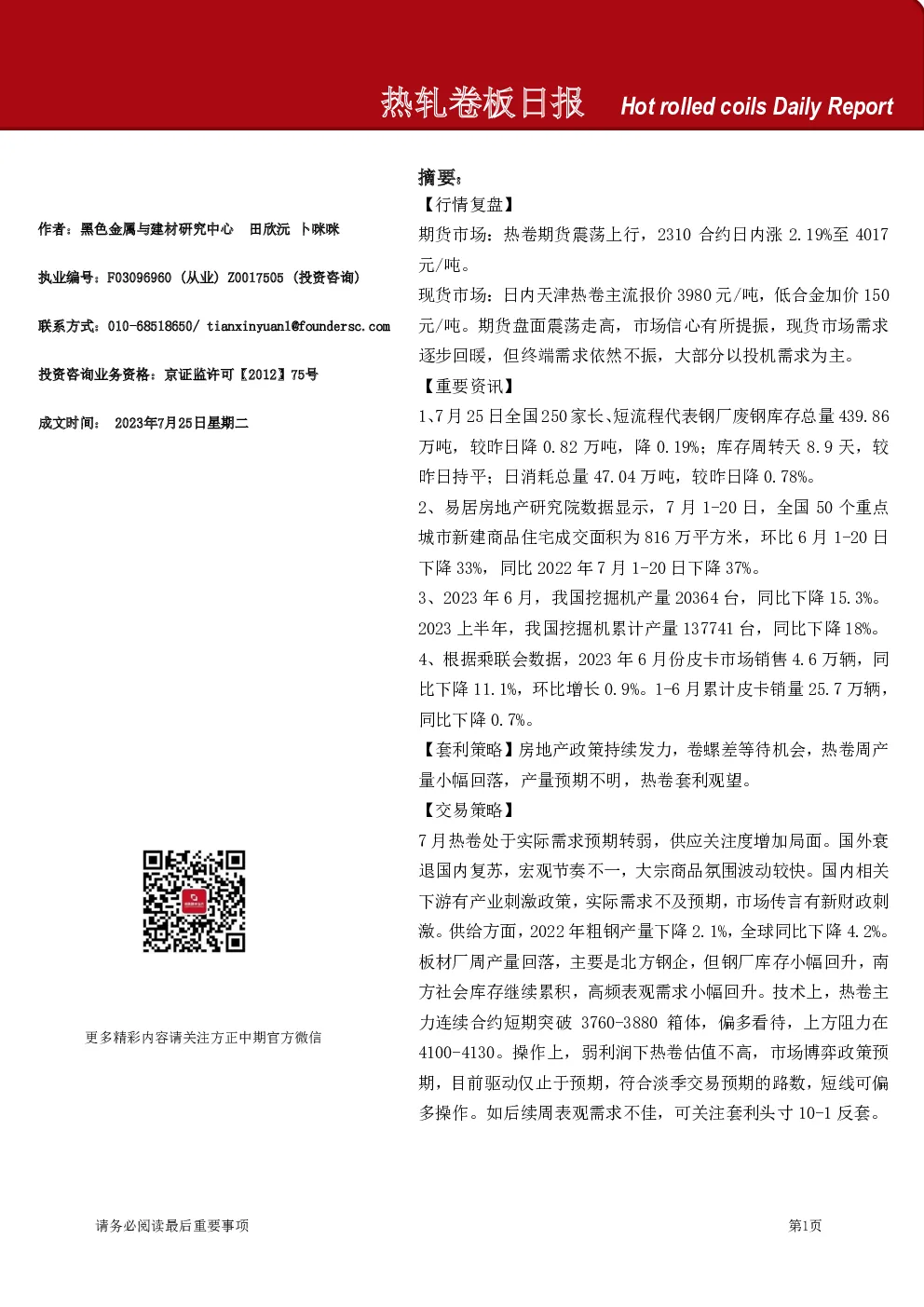 热轧卷板日报