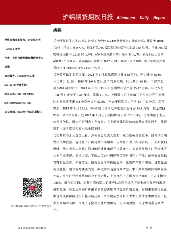 沪铝期货期权日报