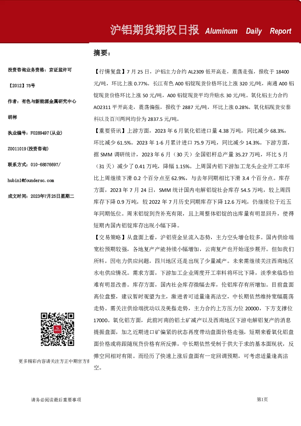 沪铝期货期权日报