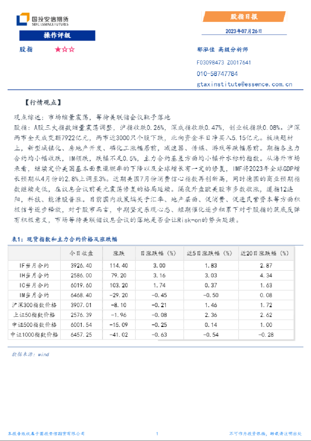 安信期货股指日报