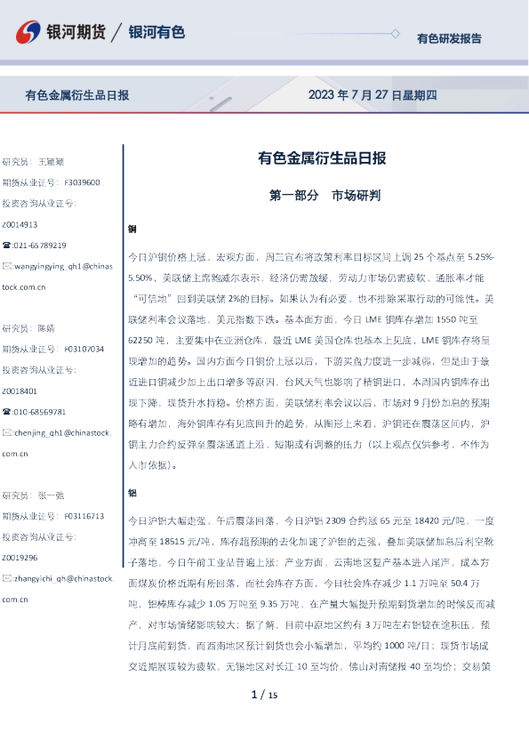 有色金属衍生品日报