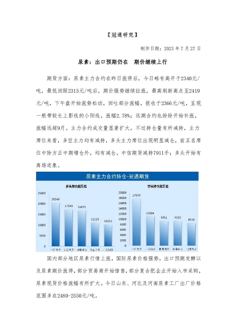 尿素：出口预期仍在 期价继续上行