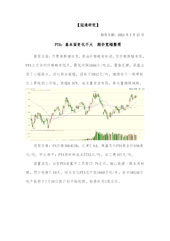 PTA：基本面变化不大 期价宽幅整理