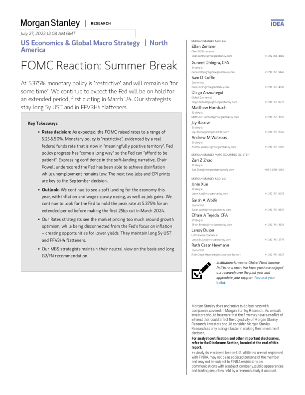 美国经济与全球宏观策略 ： FOMC 反应 ： 夏季休息