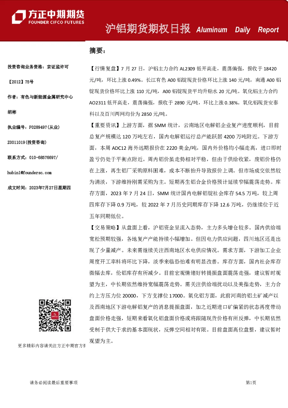 沪铝期货期权日报