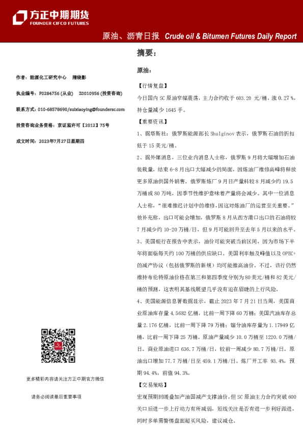 原油、沥青日报