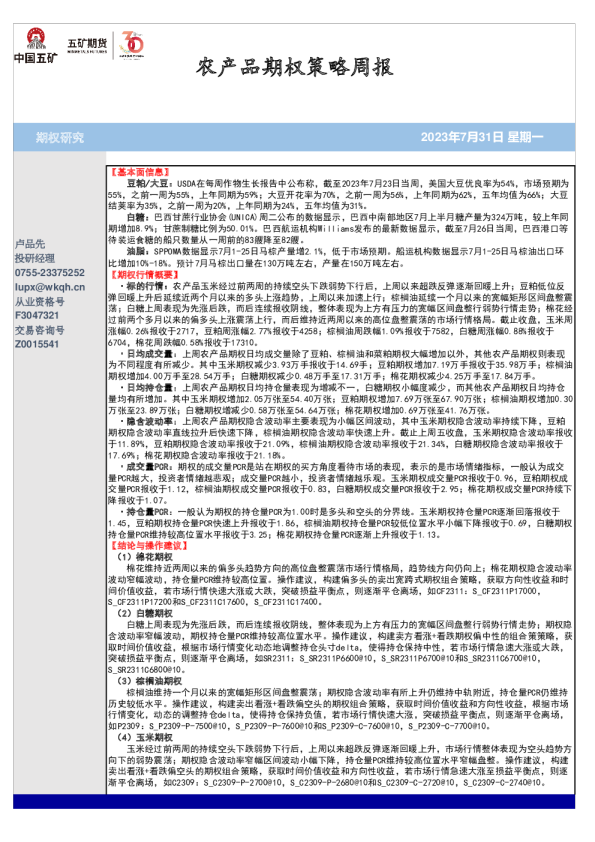 农产品期权策略周报