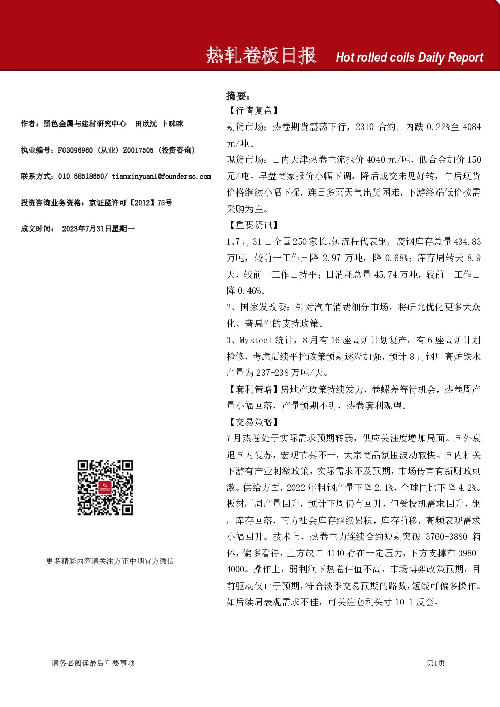 热轧卷板日报