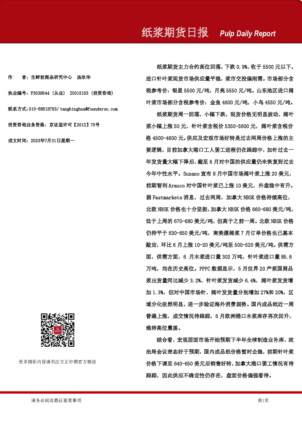 纸浆期货日报