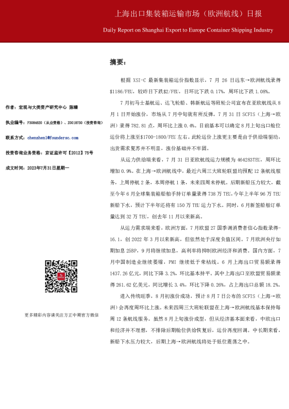 上海出口集装箱运输市场（欧洲航线）日报