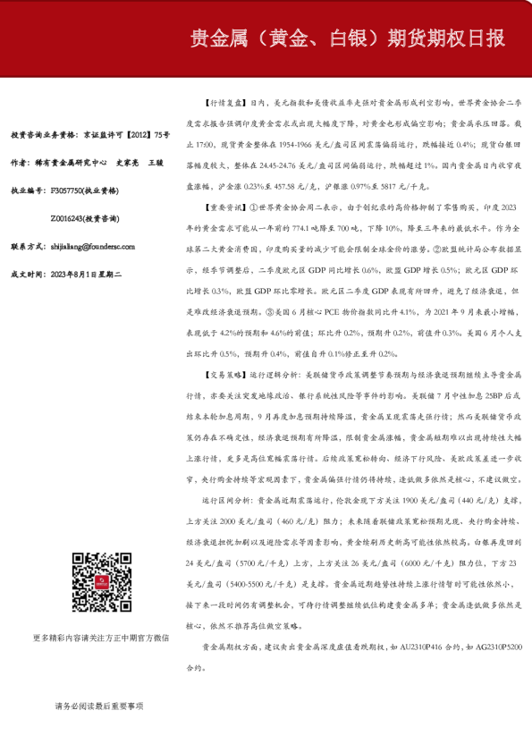 方正中期期货-贵金属（黄金、白银）期货期权日报