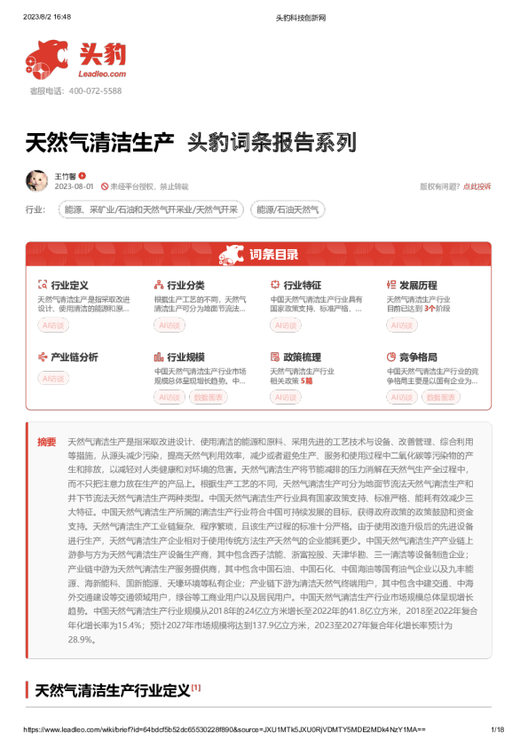 天然气清洁生产 头豹词条报告系列