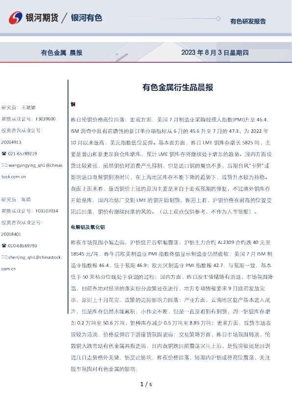 有色金属衍生品晨报