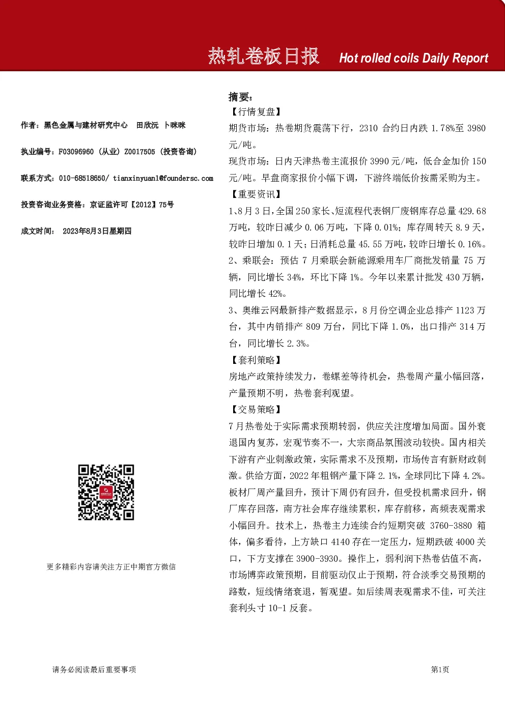 热轧卷板日报