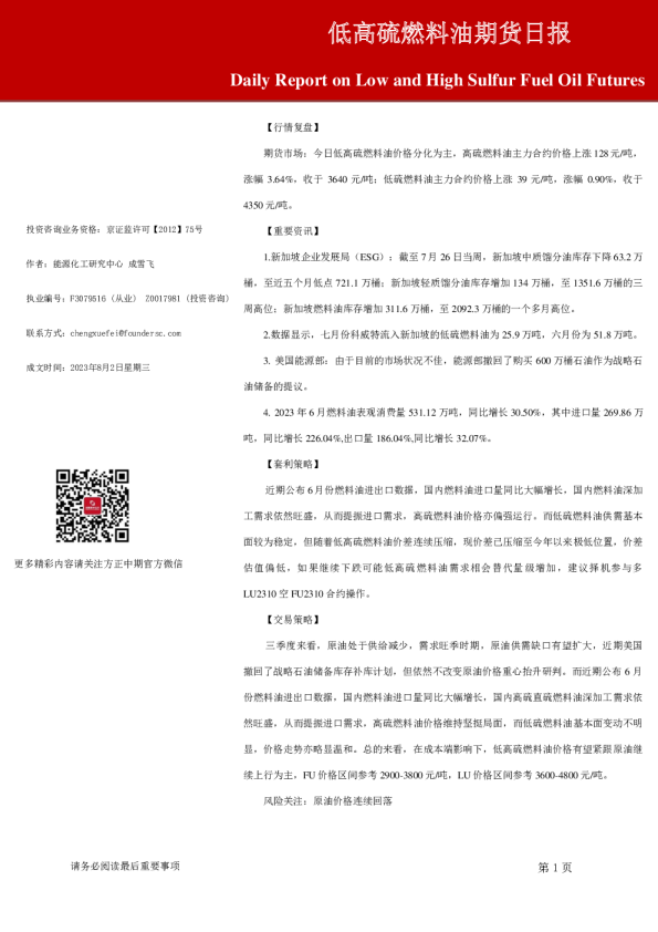 低高硫燃料油期货日报