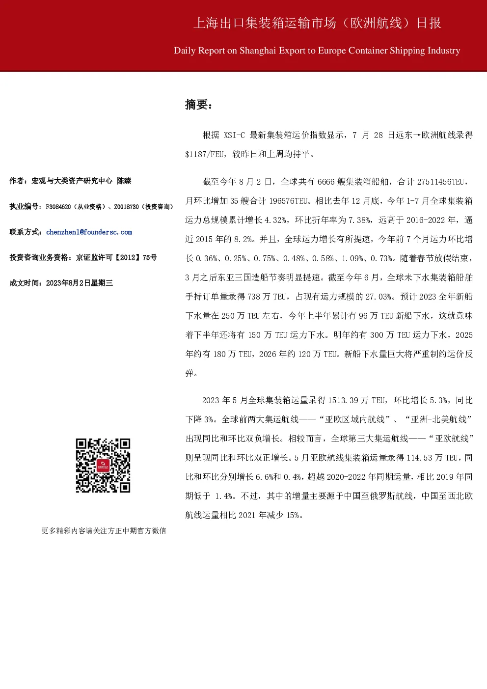 上海出口集装箱运输市场（欧洲航线）日报