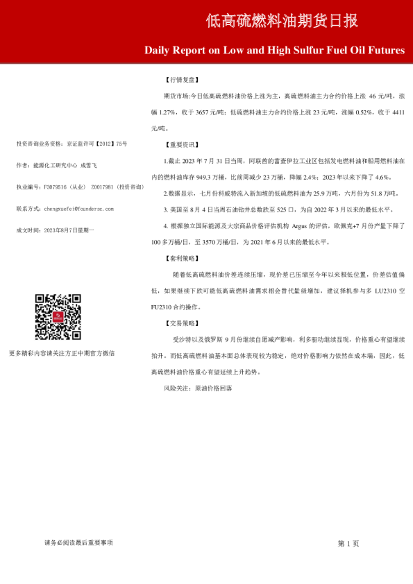 低高硫燃料油期货日报