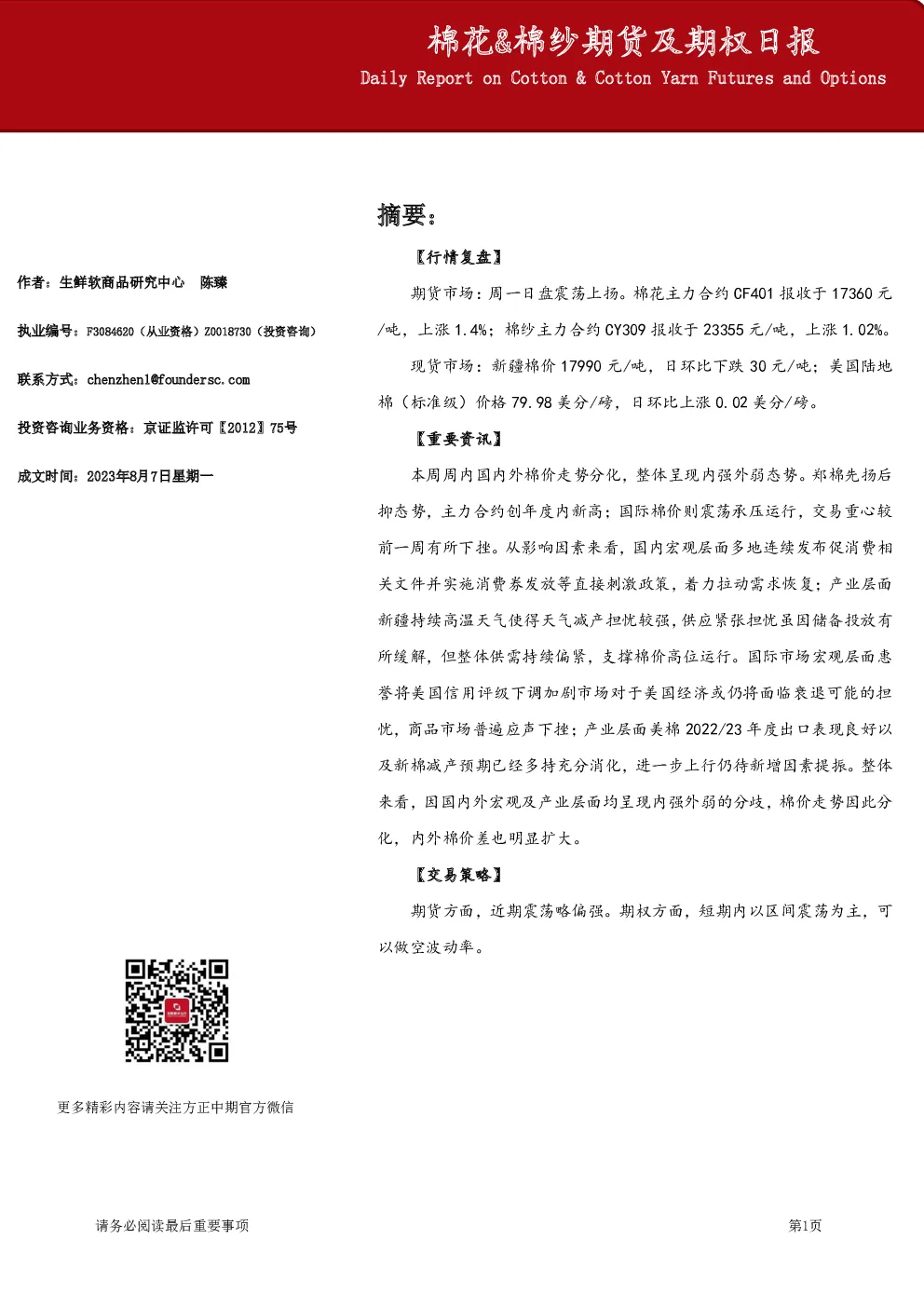 棉花&棉纱期货及期权日报