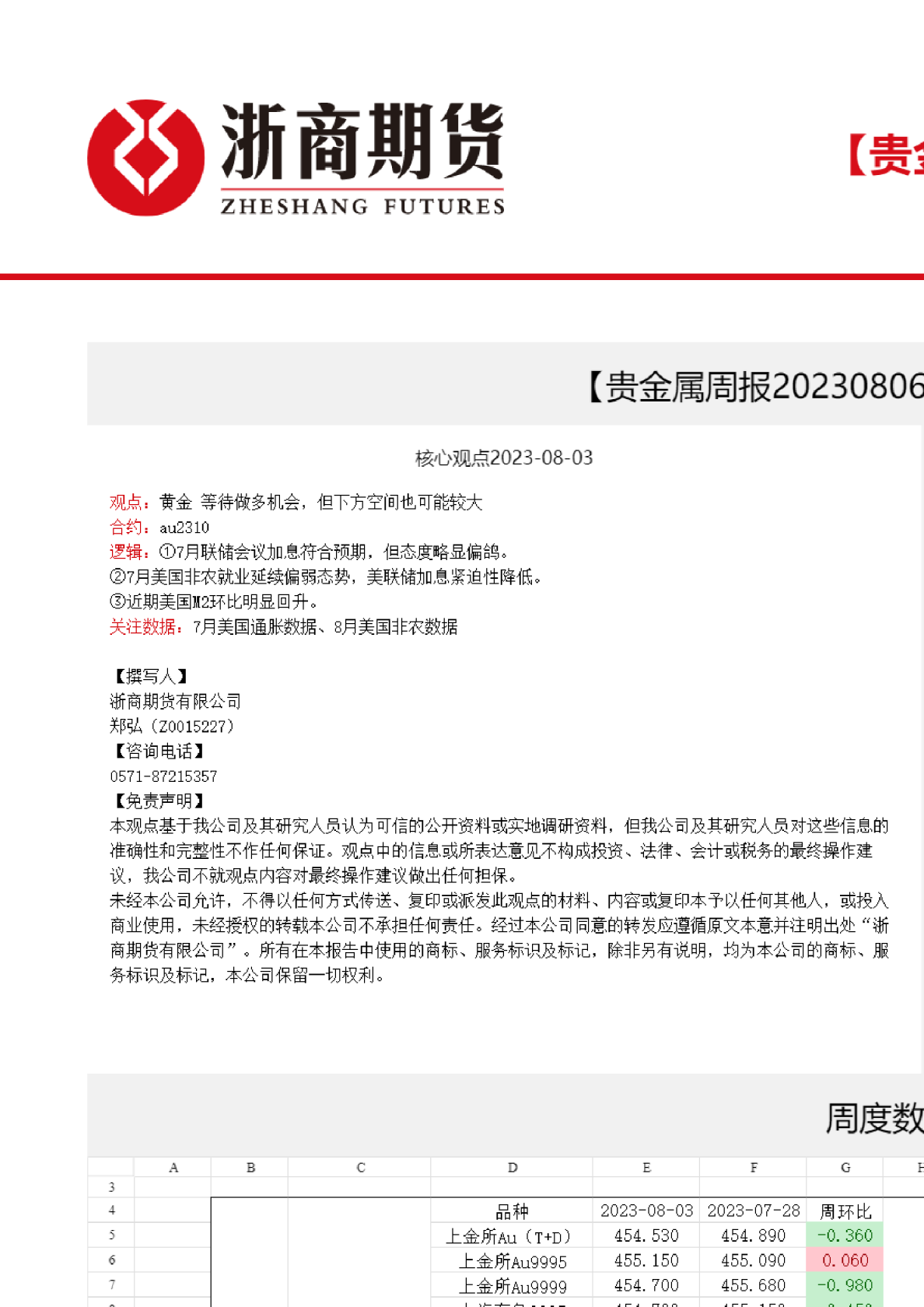 贵金属周报：7月非农延续偏弱