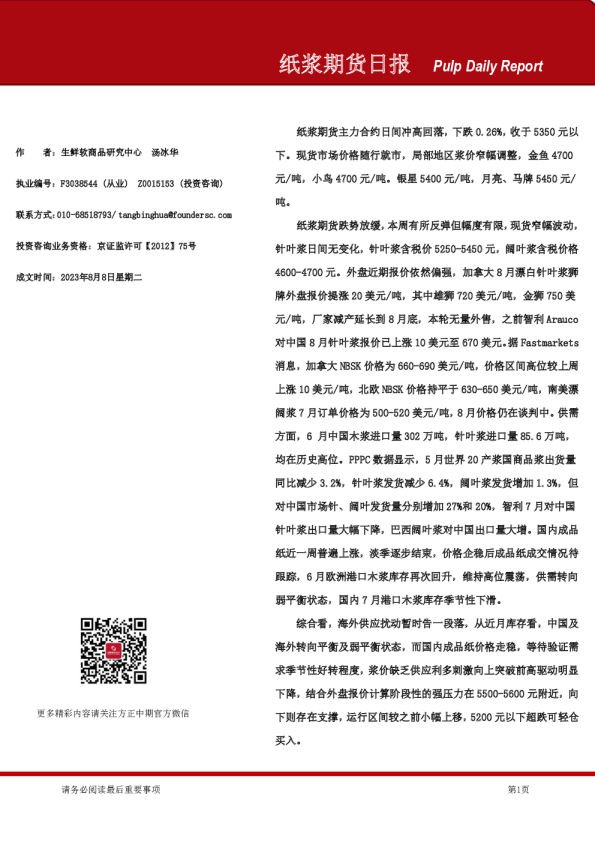 纸浆期货日报