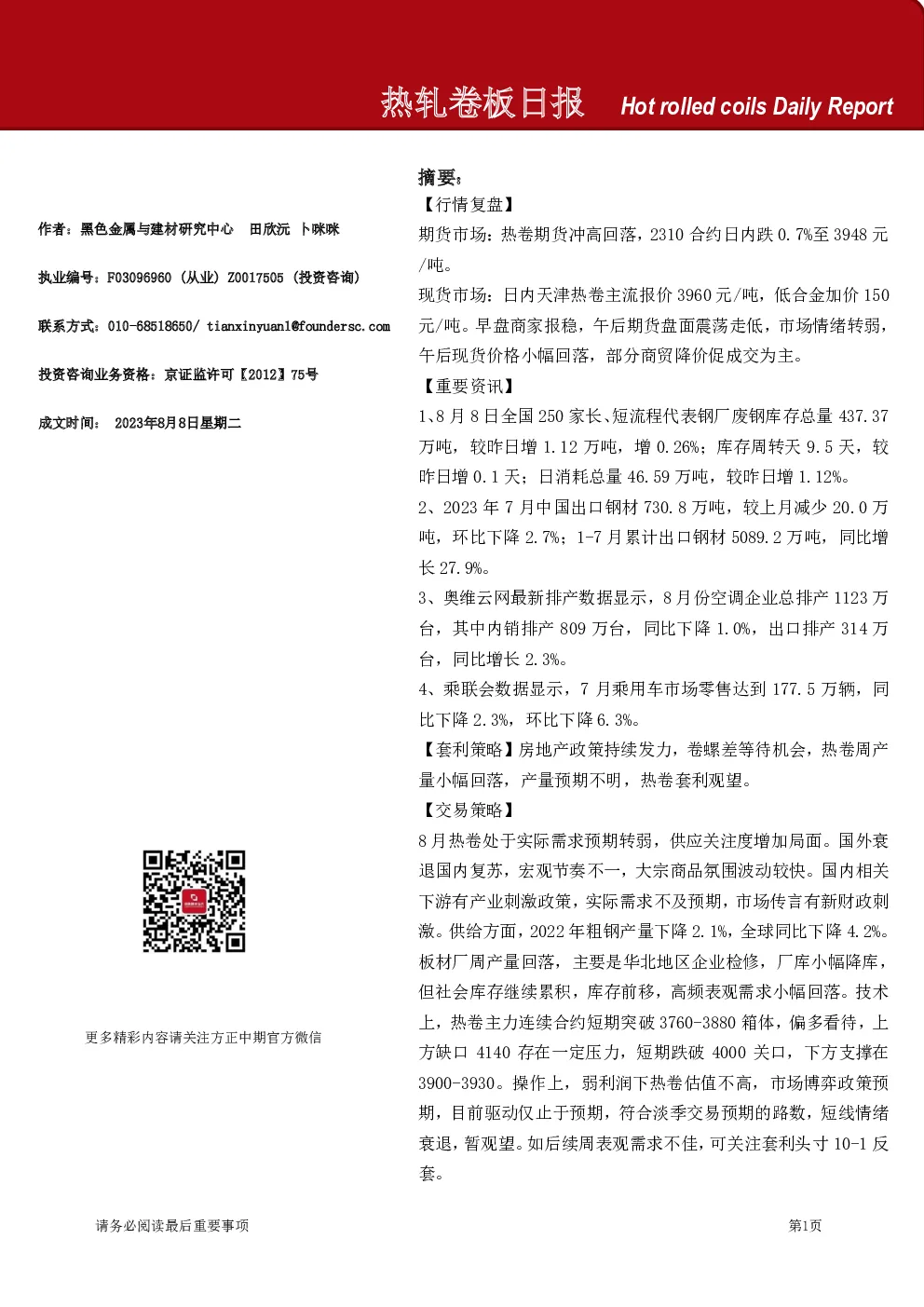 方正中期期货-热轧卷板日报
