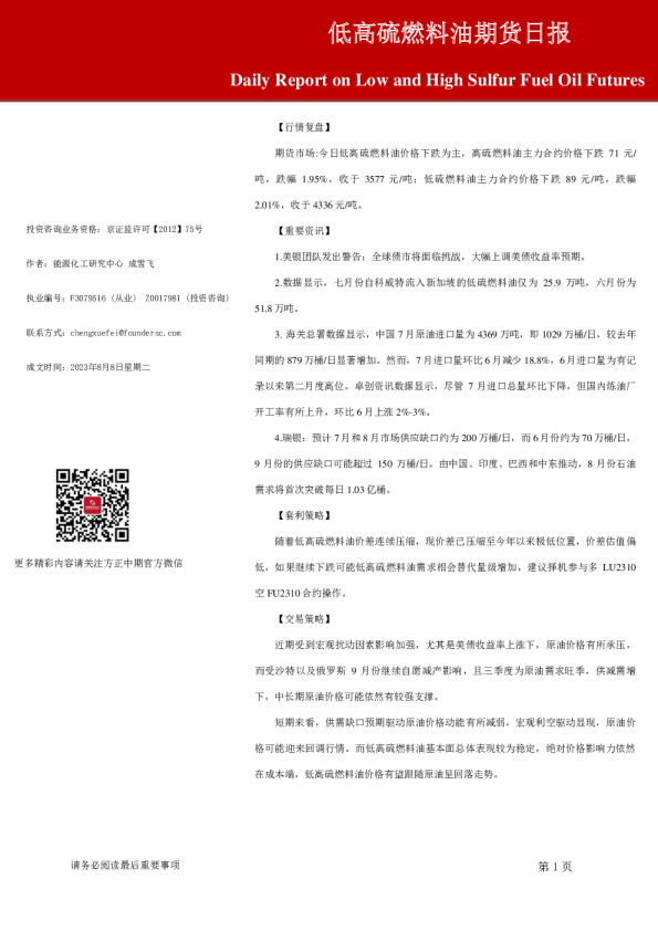 低高硫燃料油期货日报