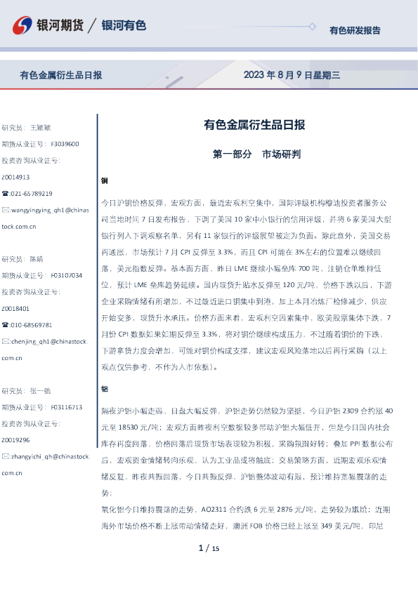 有色金属衍生品日报