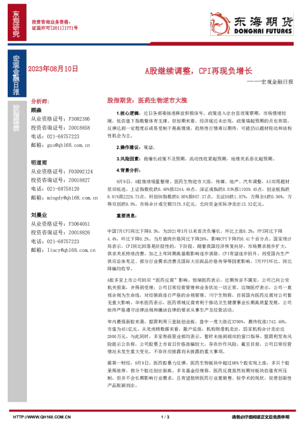 宏观金融日报：A股继续调整，CPI再现负增长