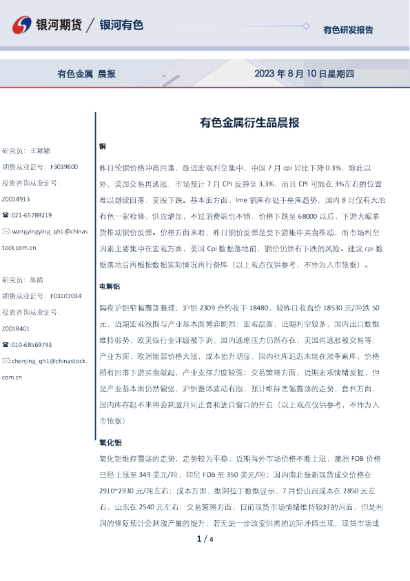 有色金属衍生品晨报