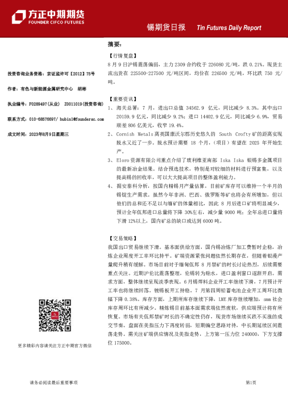 锡期货日报