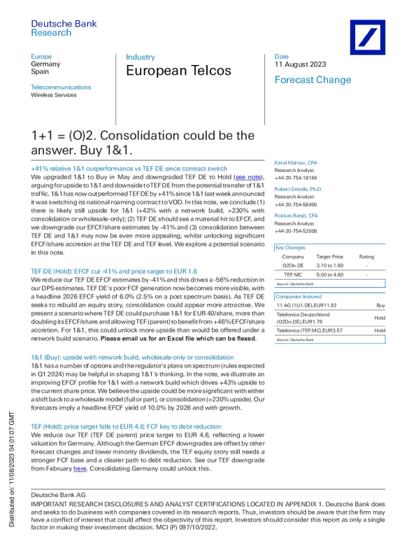 欧洲电信公司 ： 1 + 1 = (O) 2 。合并可能是答案。买 1 & 1 。