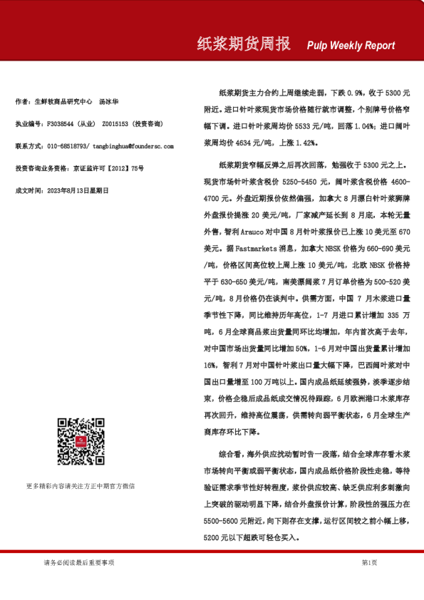 纸浆期货周报