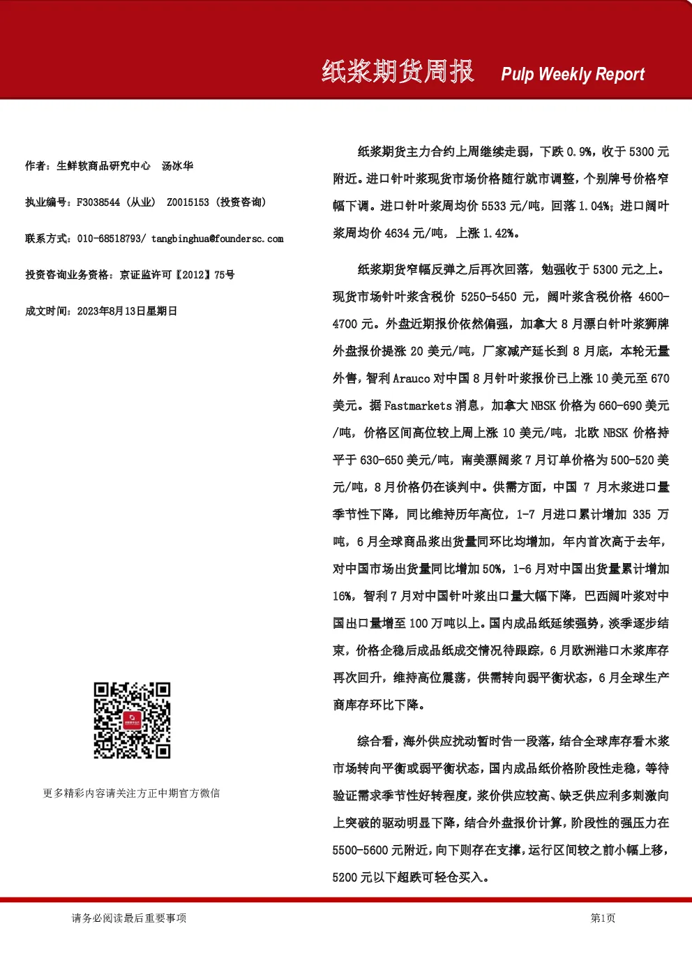 纸浆期货周报