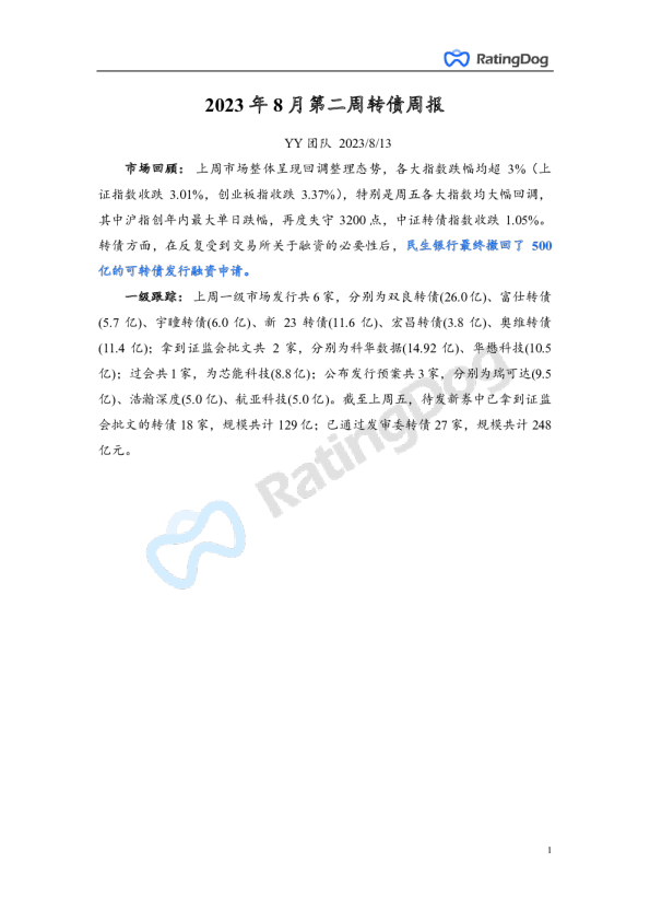 2023年8月第二周转债周报