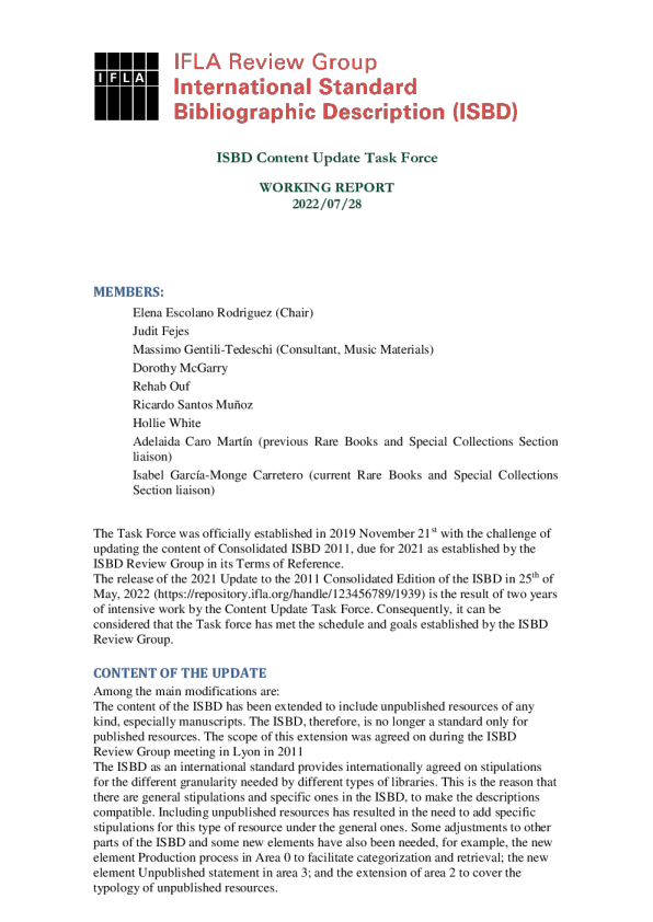 ISBD 内容更新任务组活动报告 - 2022 年 7 月 28 日