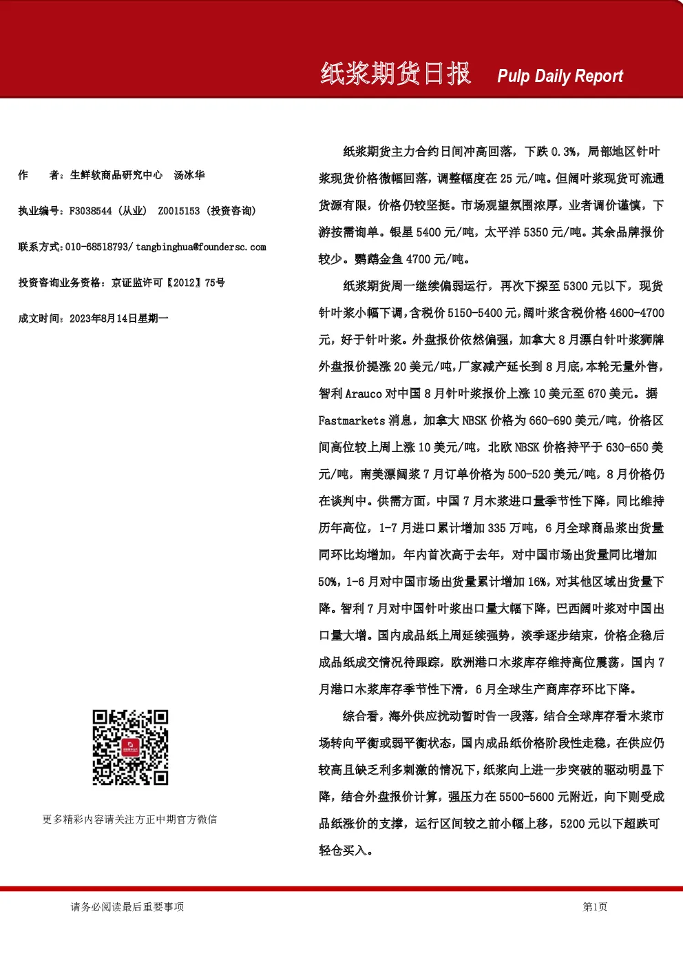 纸浆期货日报