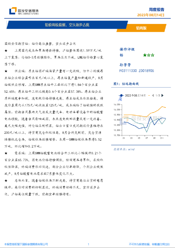 铅价高位盘整，空头逐步占优