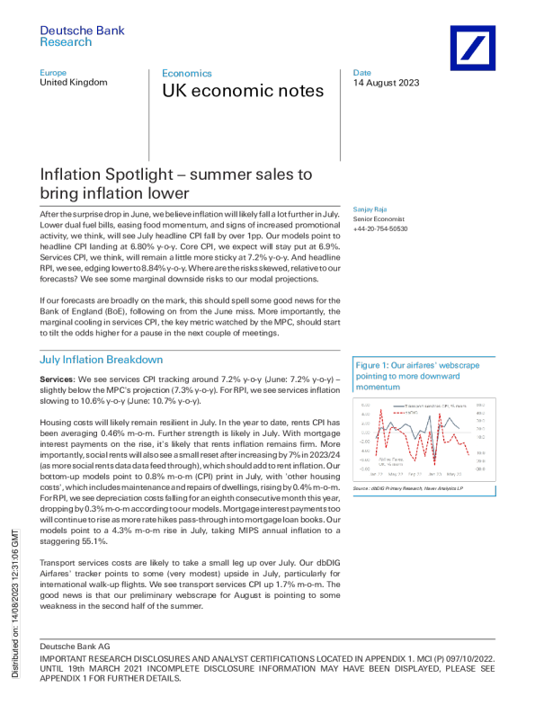 英国经济笔记 ： 通胀聚焦 — — 夏季销售带来通胀降低