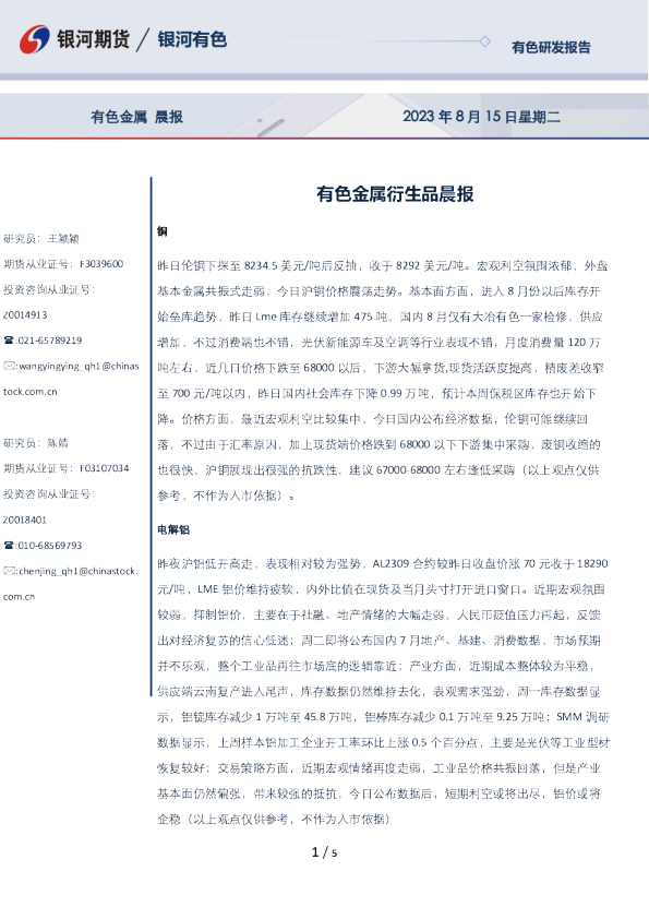 有色金属衍生品晨报