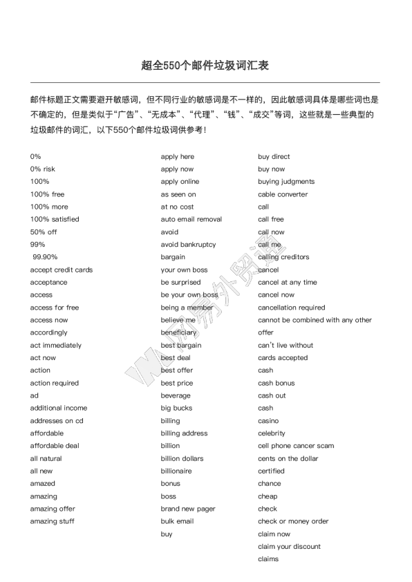 超全550个邮件垃圾词汇表