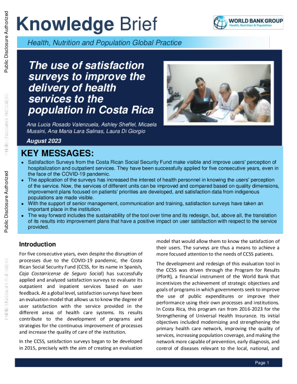 利用满意度调查改进向哥斯达黎加人民提供卫生服务的情况