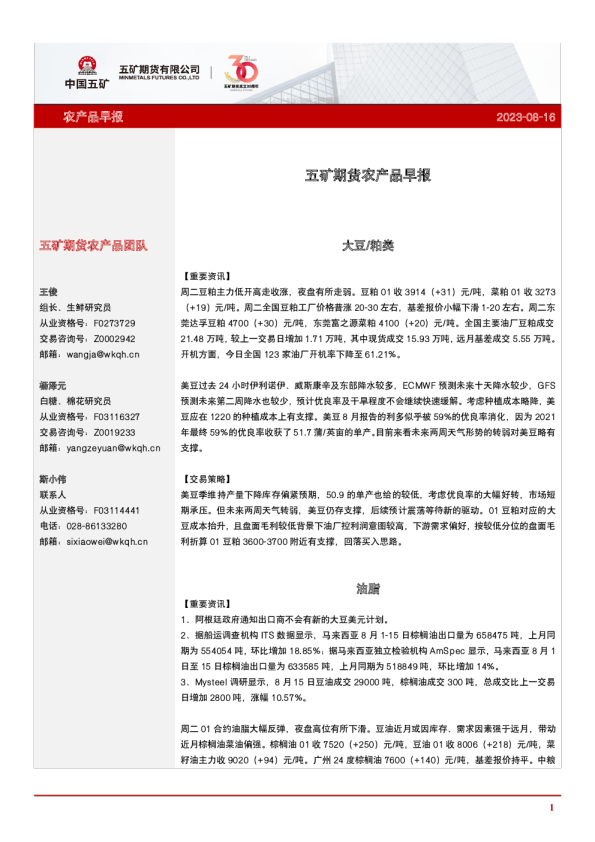 五矿期货农产品早报