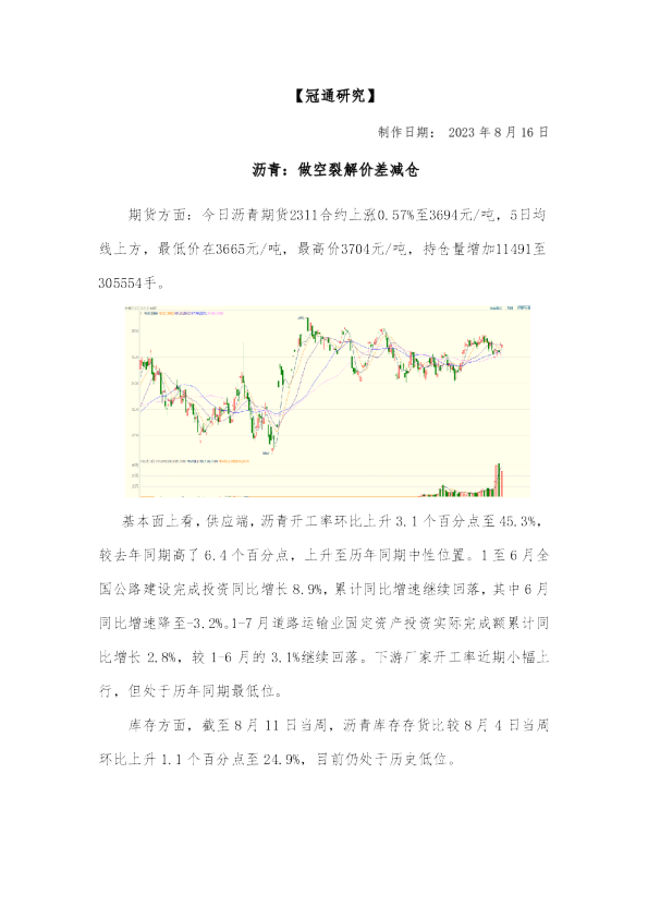 沥青：做空裂解价差减仓