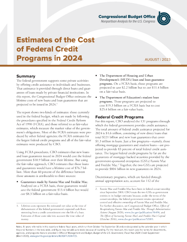 2024年美国信贷支持个人和企业成本估算